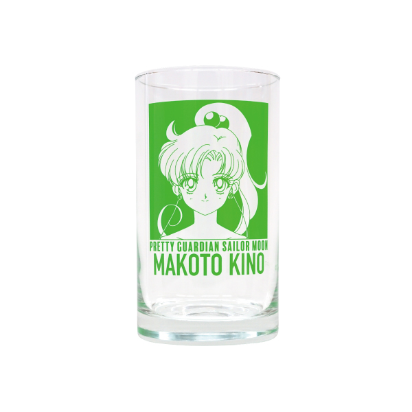 Clear drinking glass with a green printed portrait of Makoto Kino and the text "MAKOTO KINO".
