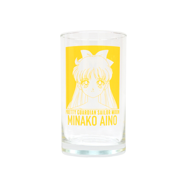 Clear drinking glass with a yellow printed portrait of Minako Aino and the text "MINAKO AINO".