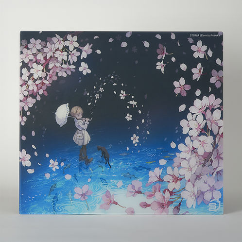 Glass gaming mousepad showing anime-style artwork of a girl holding an umbrella surrounded by pink cherry blossoms over blue water.