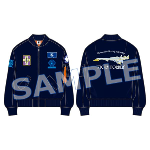 Illustrated front-and-back mockup of a navy men's MA-1 jacket with patches on the front and a 'STORM BORDER' plane graphic on the back.
