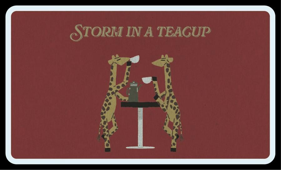 Cover art for the card game showing the title "STORM IN A TEACUP" above two giraffes at a table drinking from teacups.