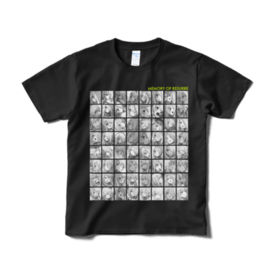 Front view of a black men's polyester T-shirt with a printed grid of grayscale story-thumbnail images on the front.
