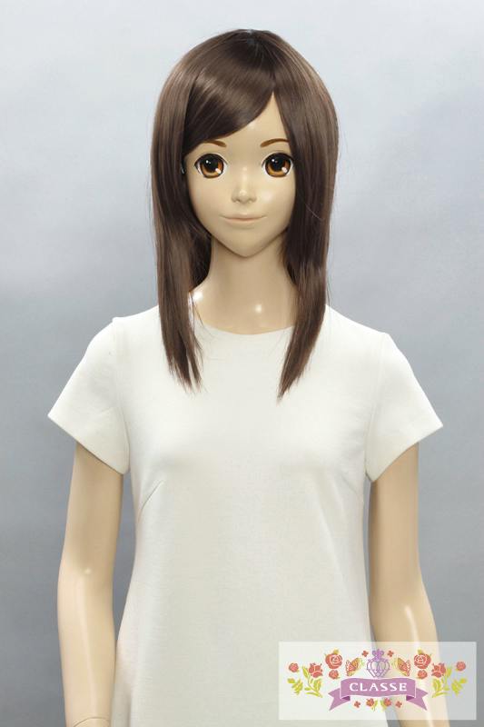 Mannequin wearing the brown synthetic straight wig (45cm) against a neutral gray background.