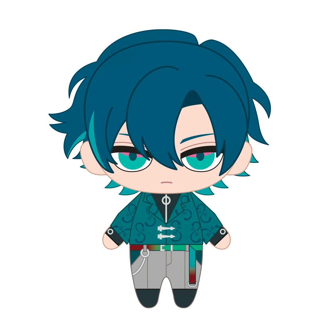 Front-view full-body illustration of the STRANGE EDEN plush character with teal hair, turquoise-green eyes, a patterned teal jacket, and gray pants on a white background.