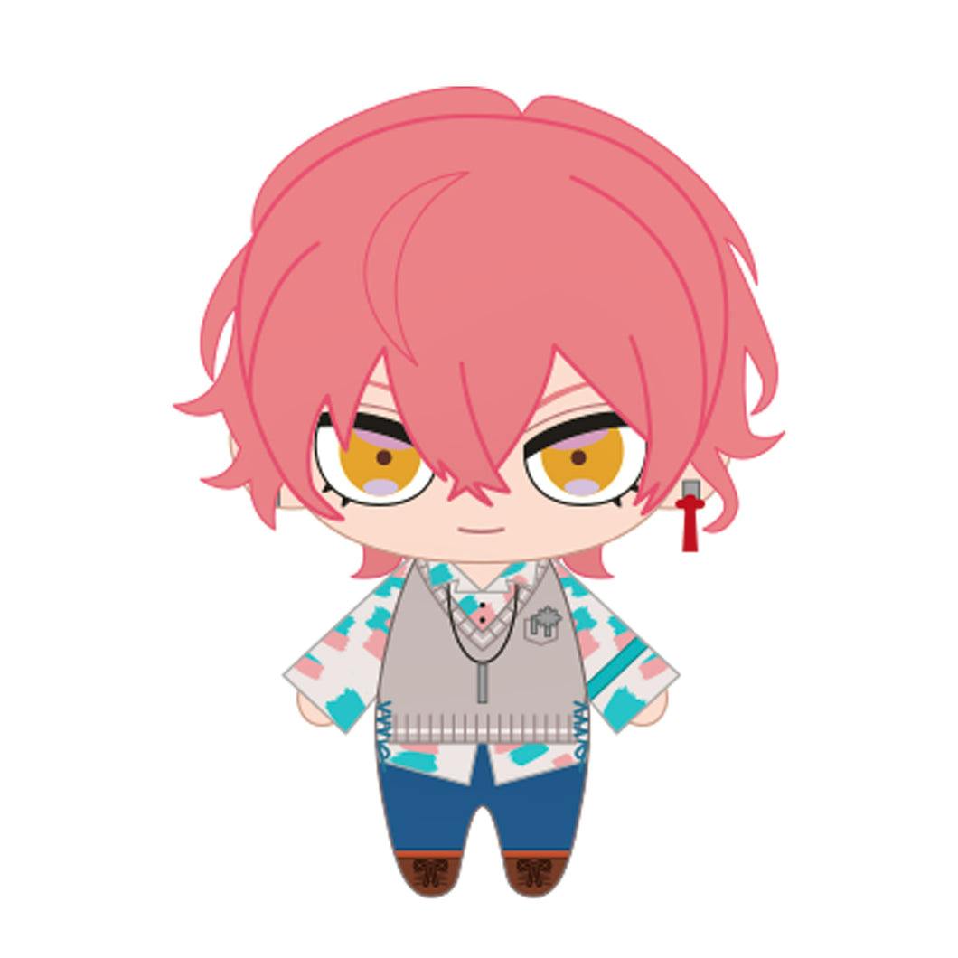 Front-view illustration of the STRANGE EDEN plush design showing a chibi character with pink hair, patterned shirt, gray vest, and blue pants.