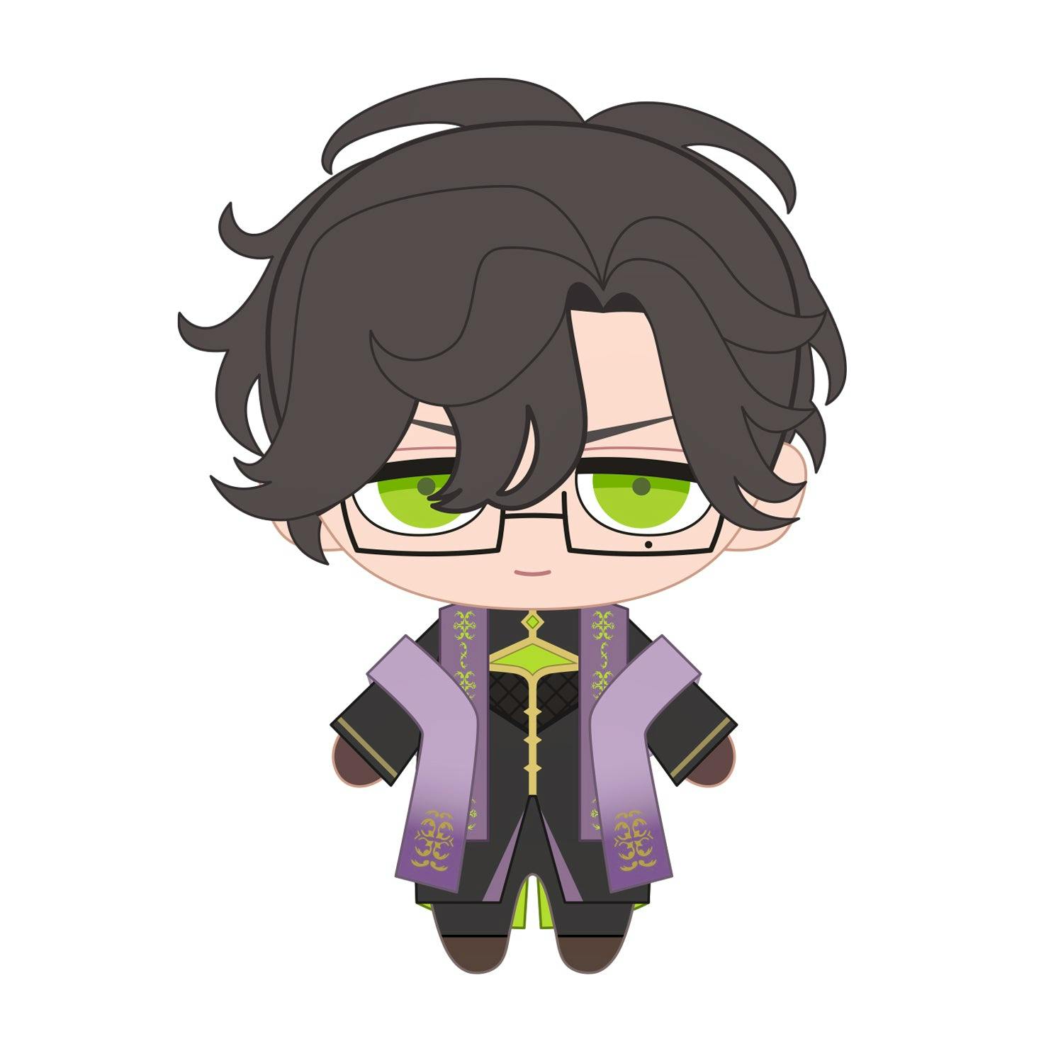 Front-view illustration of the STRANGE EDEN plush (いつきしゅういちろう) showing a chibi character with dark hair, glasses, green eyes, and a purple coat.
