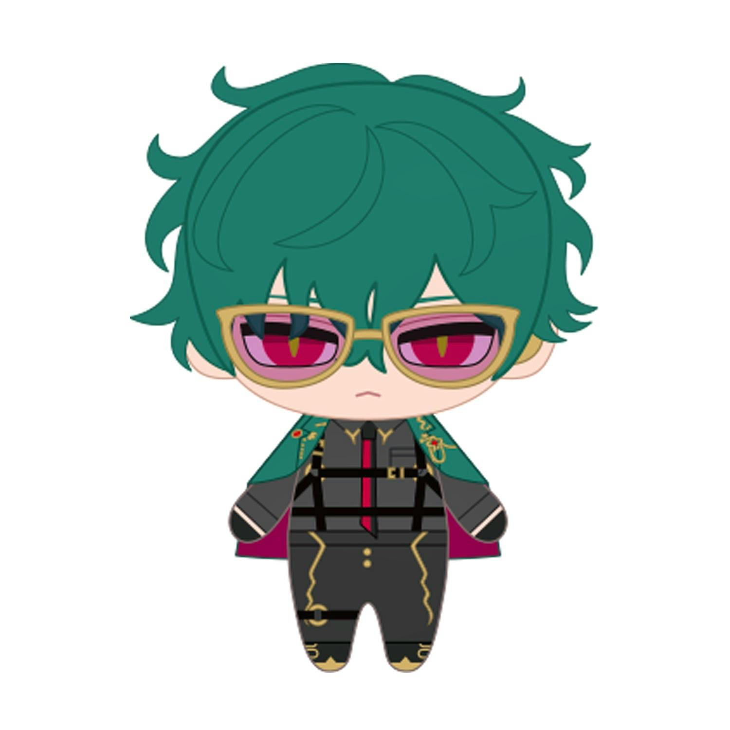 Front-facing stylized illustration of the STRANGE EDEN plush character with green hair, pink-purple glasses, and a dark outfit.