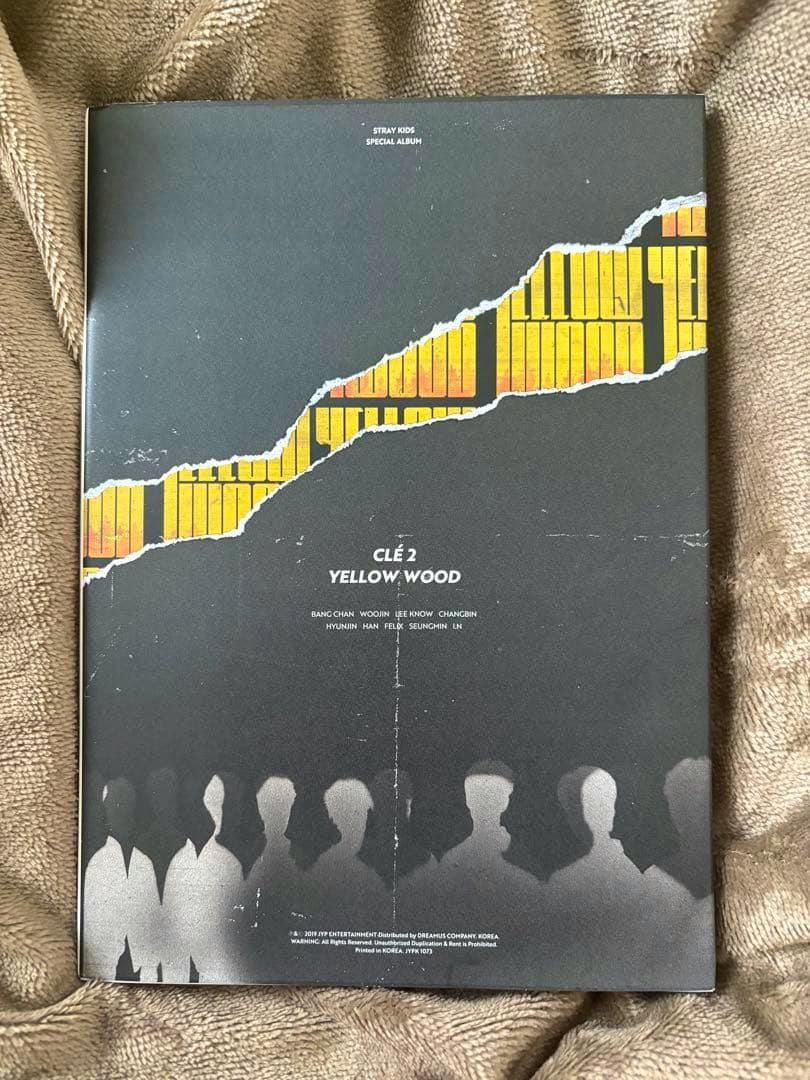 Photo of the Stray Kids CLÉ 2 : YELLOW WOOD CD cover showing a torn yellow graphic across a dark background and gray silhouettes at the bottom.