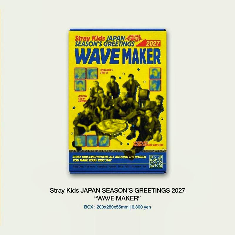 Front of the Stray Kids JAPAN SEASON'S GREETINGS 2027 “WAVE MAKER” calendar box showing yellow-blue cover art and a group photo.