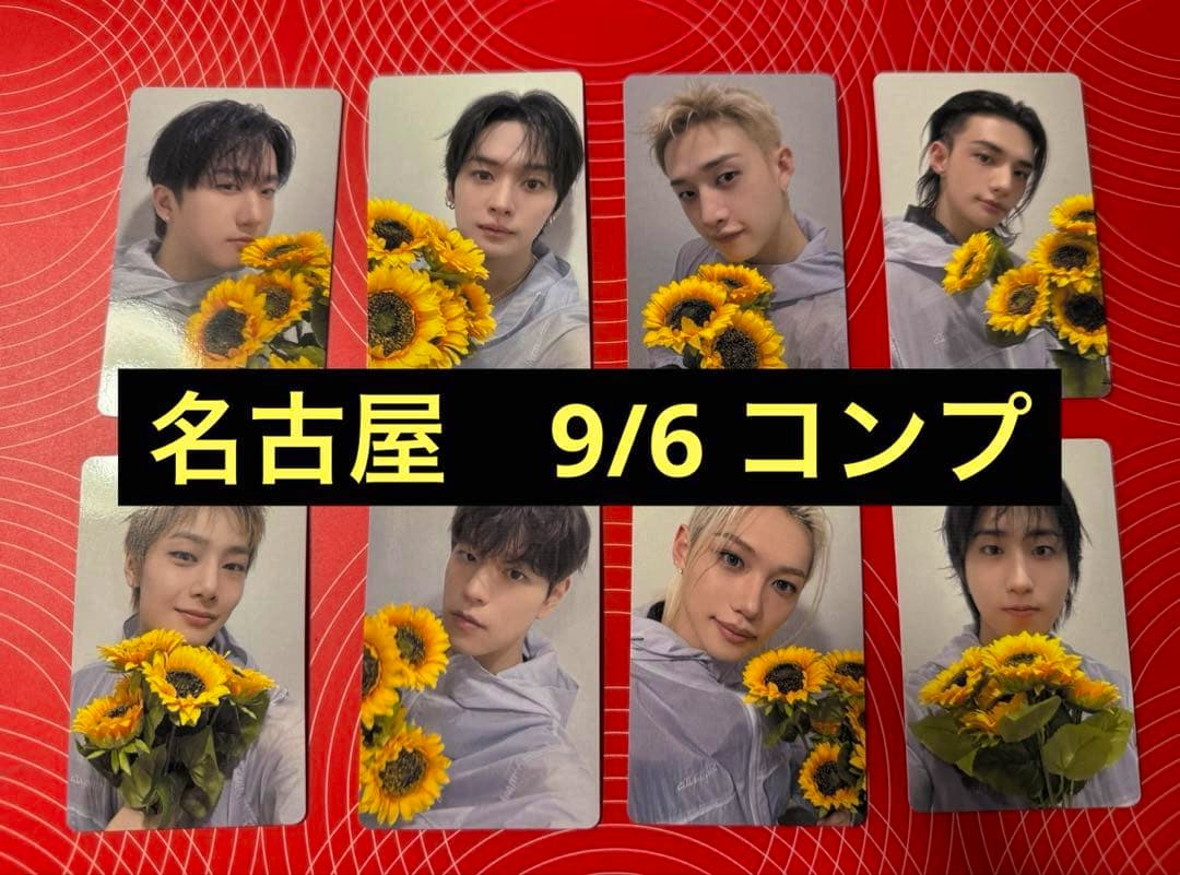 Eight Stray Kids photocards showing members with sunflowers arranged on a red background with a black banner reading “名古屋 9/6 コンプ”.