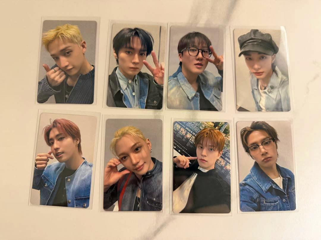 Eight Stray Kids photocards in protective sleeves arranged in two rows on a white surface.