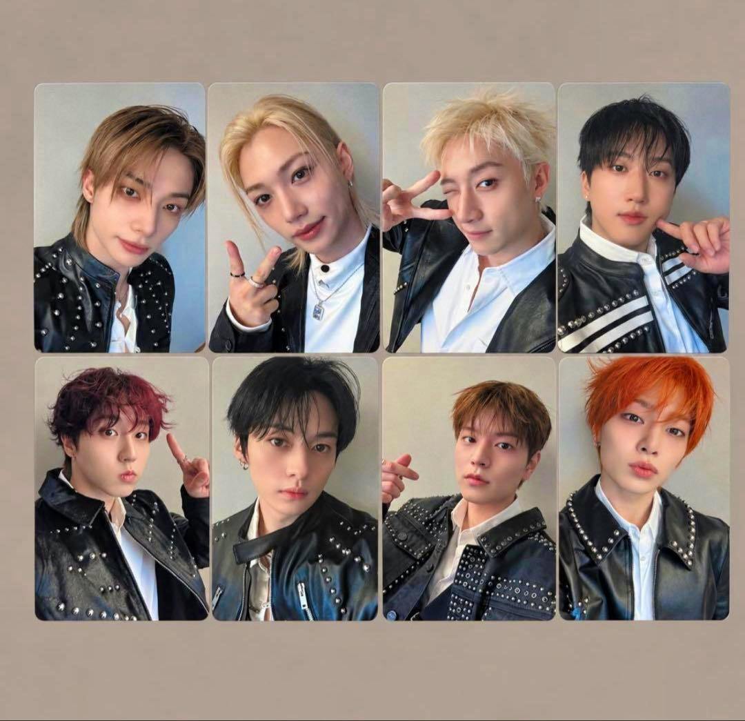 Eight Stray Kids photocard portrait images arranged in two rows of four on a beige background.