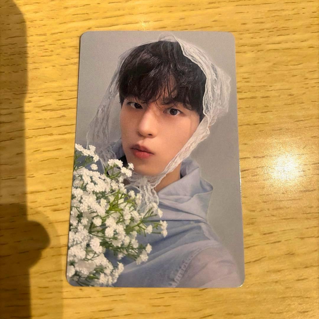 Front of a Stray Kids photocard showing a close-up portrait of a person wearing a lace veil and holding white flowers on a wooden surface.