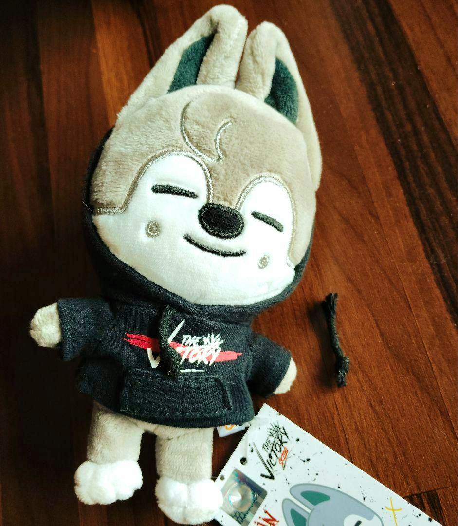 Mini SKZOO wolf plush (StrayKids) wearing a black hoodie on a wooden surface with its tag visible.