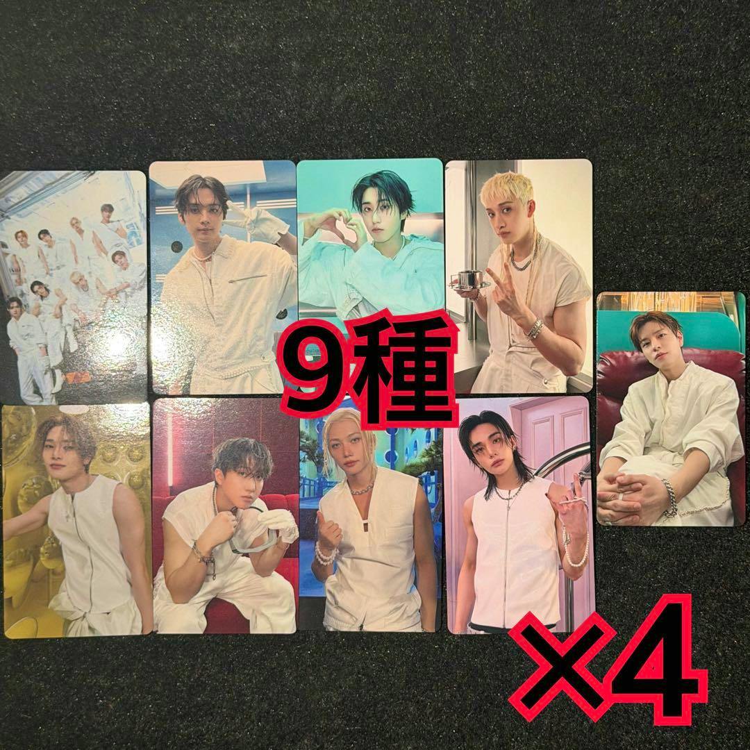 A set of Stray Kids photocards arranged on a dark surface showing nine card designs with red "9種" and "×4" overlays.