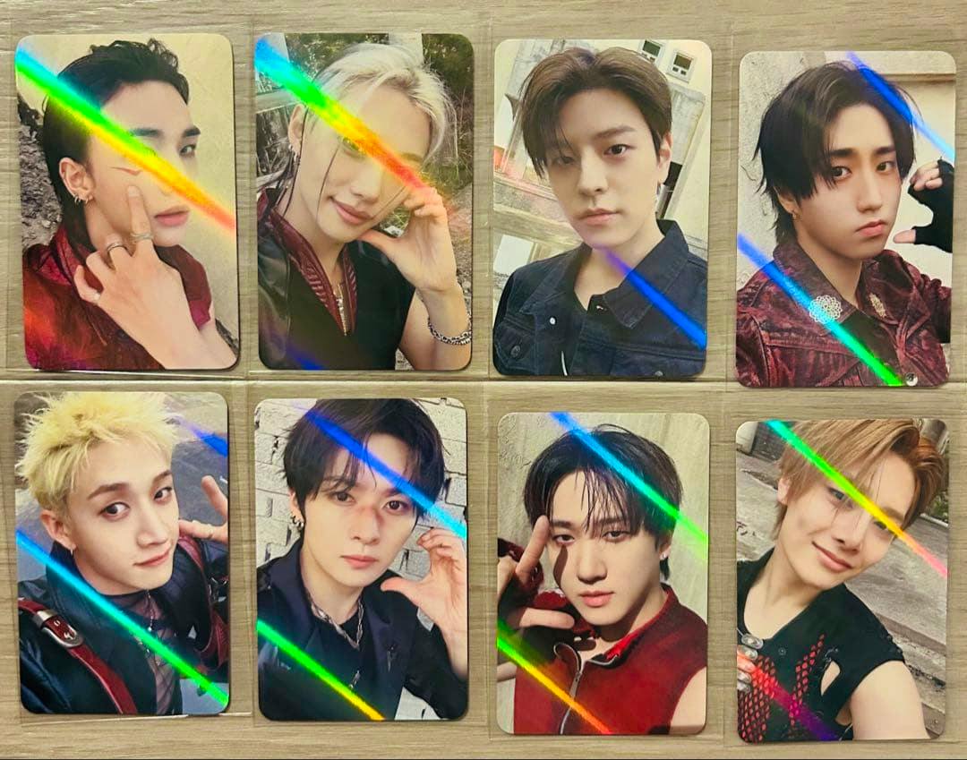 Nine Stray Kids THIS&THAT Makestar photocards showing the front member photos arranged in a 3x3 grid.