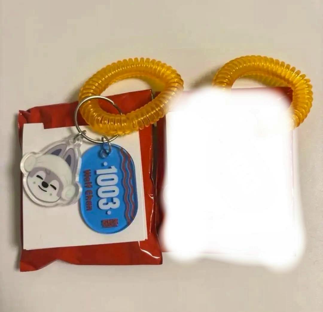 A photo of the acrylic Stray Kids sauna keyring showing a wolf character charm and a blue "1003" tag attached to a yellow spiral wrist keyring.