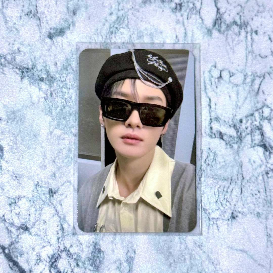 Front of the photocard showing Rino from Stray Kids wearing dark sunglasses and a black beret.
