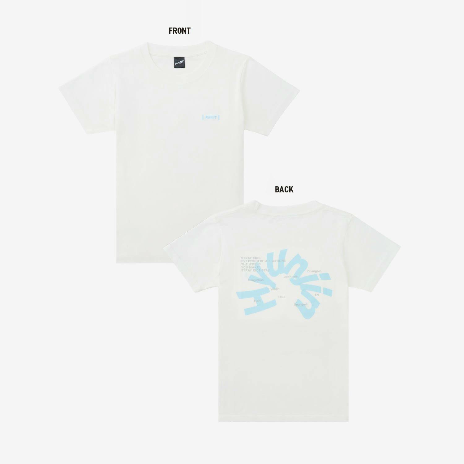 Front and back views of a white cotton T-shirt showing a small front logo and a large blue graphic on the back.