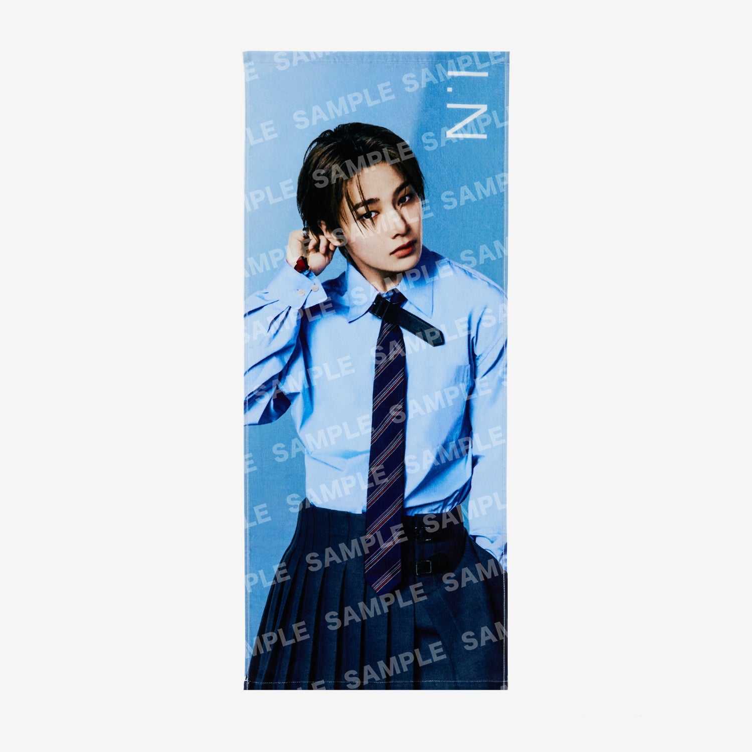 Polyester photo face towel showing a printed portrait of a person wearing a blue shirt and tie on a blue background with a repeating "SAMPLE" watermark.
