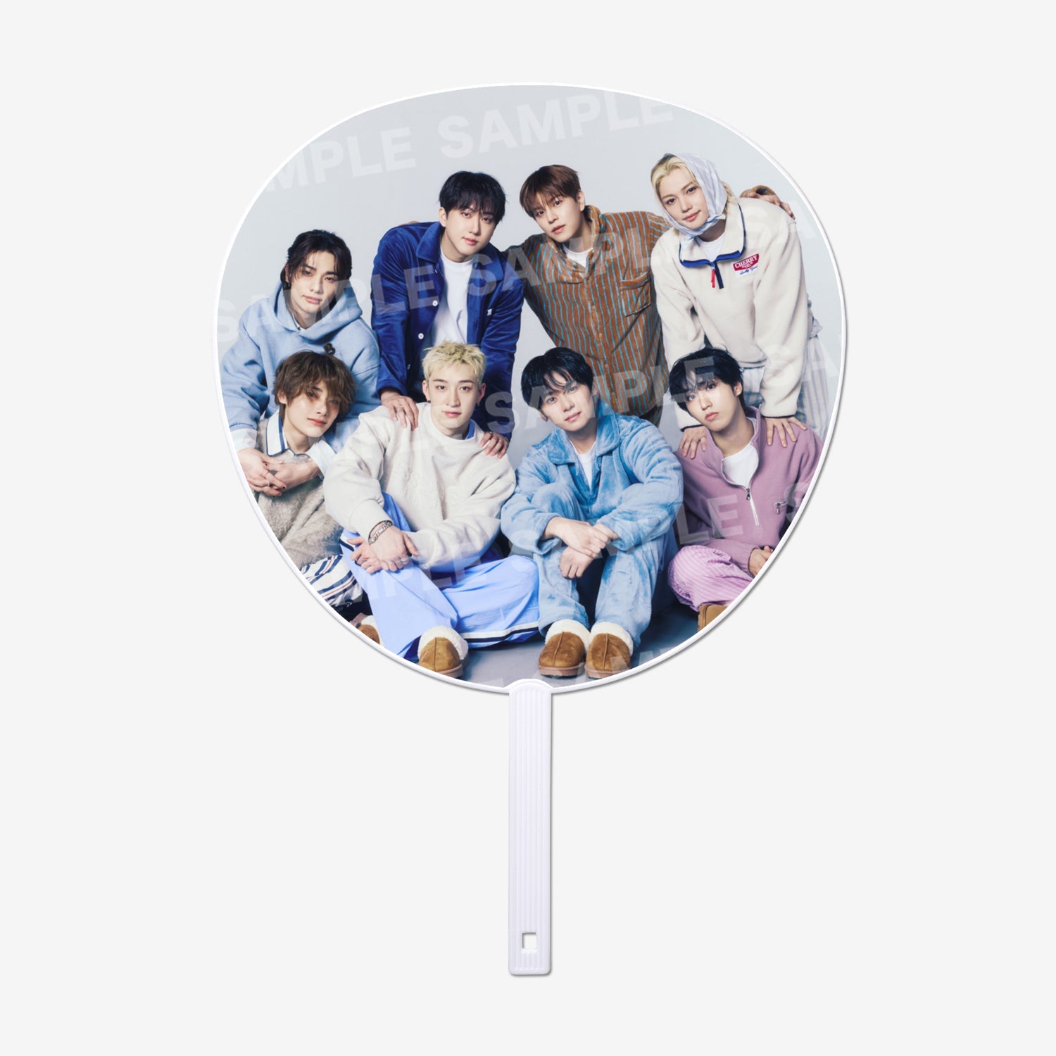 Handheld paper fan showing a group photo of Stray Kids from the World Tour <RUN IT JAPAN>.