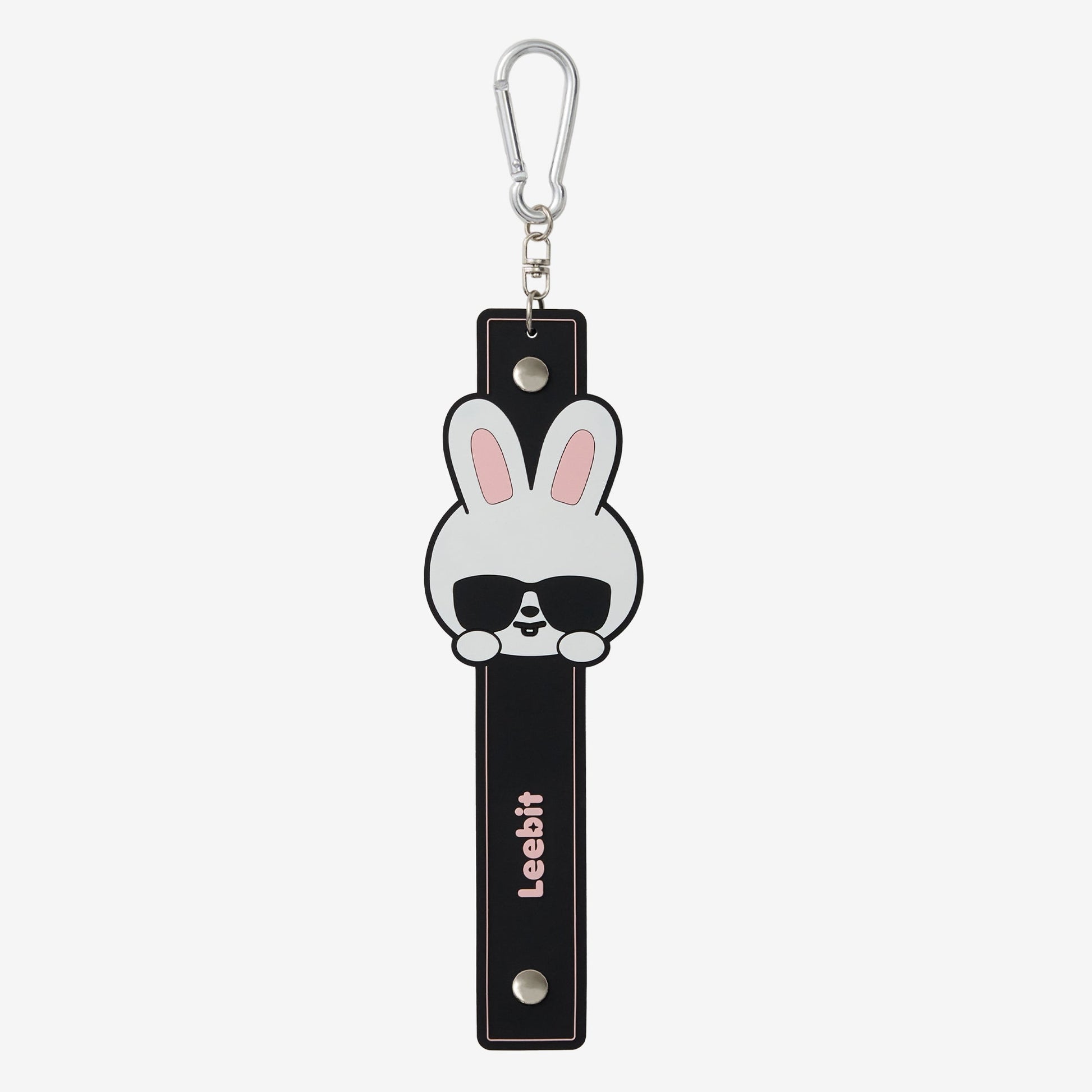 Leebit towel holder keychain with a white bunny wearing sunglasses on a black strap and attached clip.
