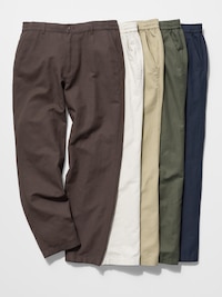 Five pairs of women's ankle pants in different colors laid flat and overlapping.
