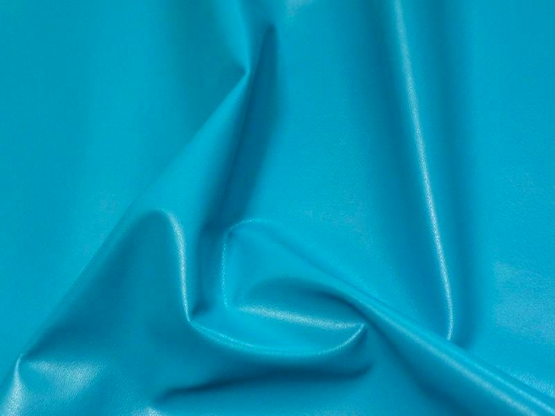 Light blue synthetic stretch leather (polyester) fabric draped to show texture and sheen.