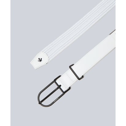 White polyester stretch mesh belt with a white strap end and black metal buckle on a light gray background.