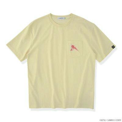 Light yellow short-sleeve T-shirt laid flat showing a left chest pocket with a small red embroidered emblem.