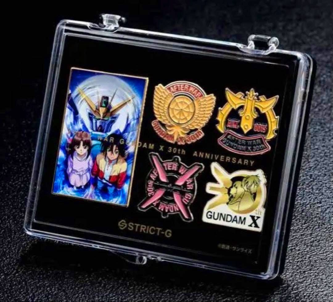 STRICT-G 『Gundam X』 pin set displayed in a clear plastic case with a black backing showing multiple enamel pins.