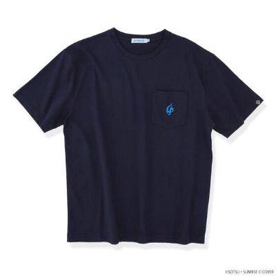Front view of a navy cotton T-shirt laid flat with a left chest pocket and a small blue embroidered emblem on the pocket.