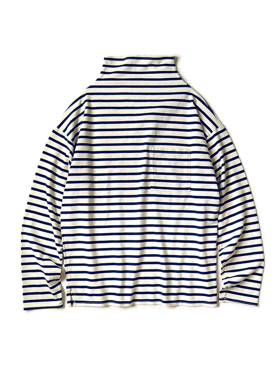 Striped cotton long-sleeve T-shirt (Guernsey style) laid flat on a white background.