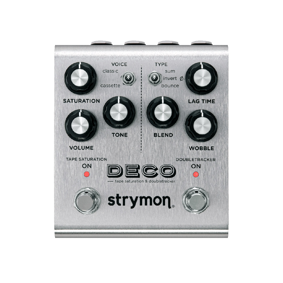 Top view of a Strymon DECO V2 effects pedal showing its metal enclosure with control knobs, two footswitches, and DECO and strymon logos.