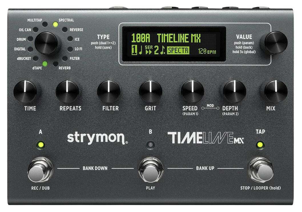 Front view of a Strymon TimeLine MX guitar delay effects pedal with knobs, footswitches, and an LCD display.