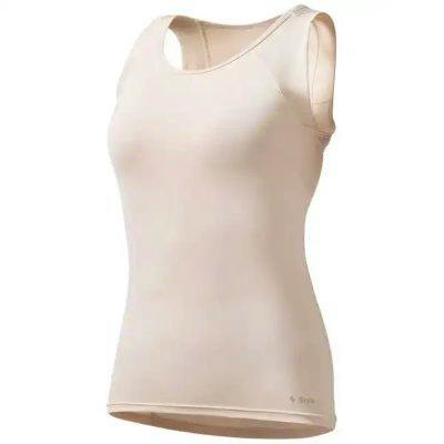 Front view of a beige women's tank top (Style BX) on a white background.