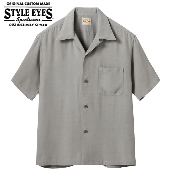 Gray short-sleeve rayon bowling shirt with a camp collar, front buttons, and a chest pocket shown on a white background.