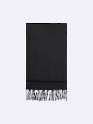 A black polyester scarf folded flat with fringed ends on a light background.