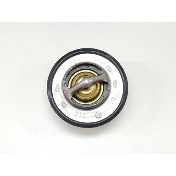 Top-down photo of a car engine temperature thermostat showing its circular metal body and rubber sealing ring.