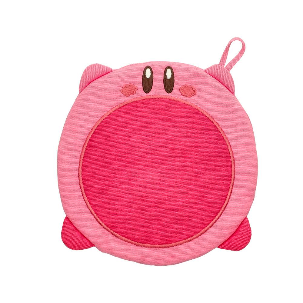 Pink polyester kitchen mitt with embroidered eyes, round padded front, and a hanging loop on a white background.