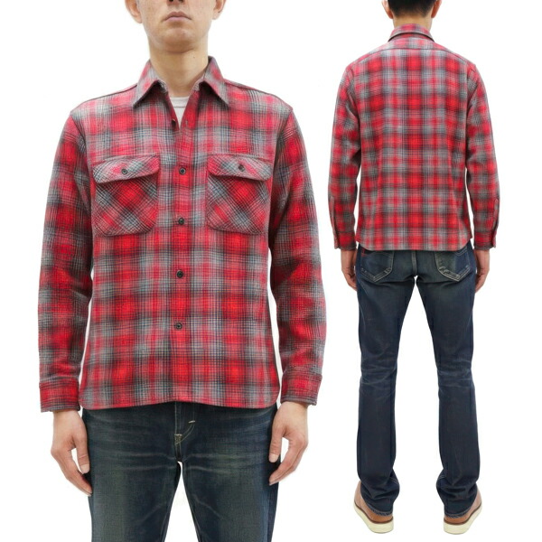Front and back views of a model wearing a men's Sugar Cane long-sleeve red check (flannel) shirt.