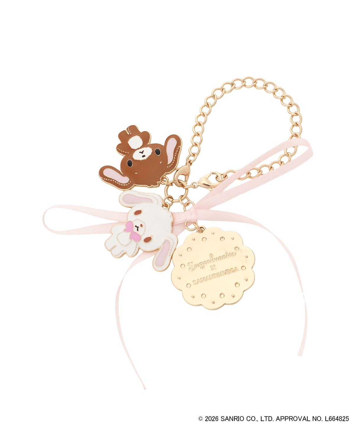 A 2-way charm keychain showing two Sugar Bunnies character charms, a gold scalloped tag, pink ribbon accents, and a short gold chain.