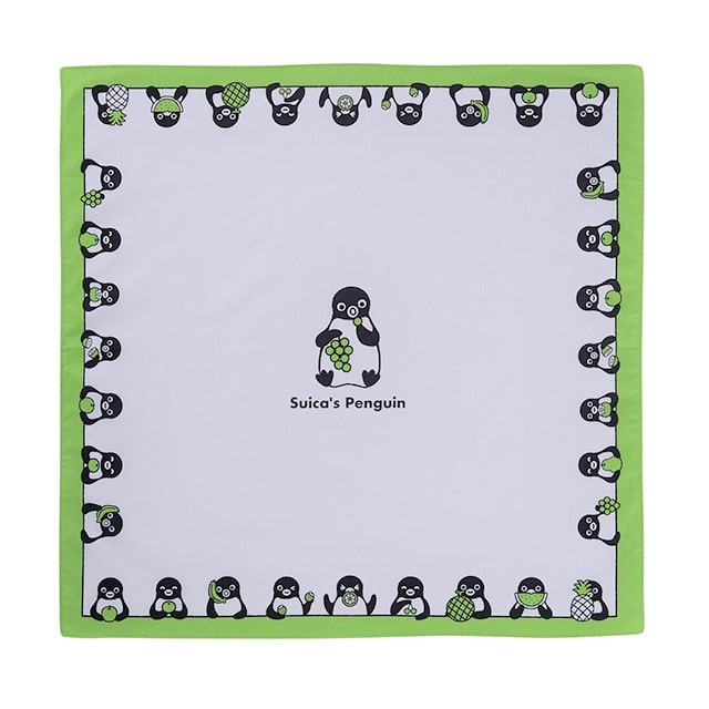 Square bandana handkerchief with a green border featuring Suica's Penguin characters and a central penguin holding fruit.