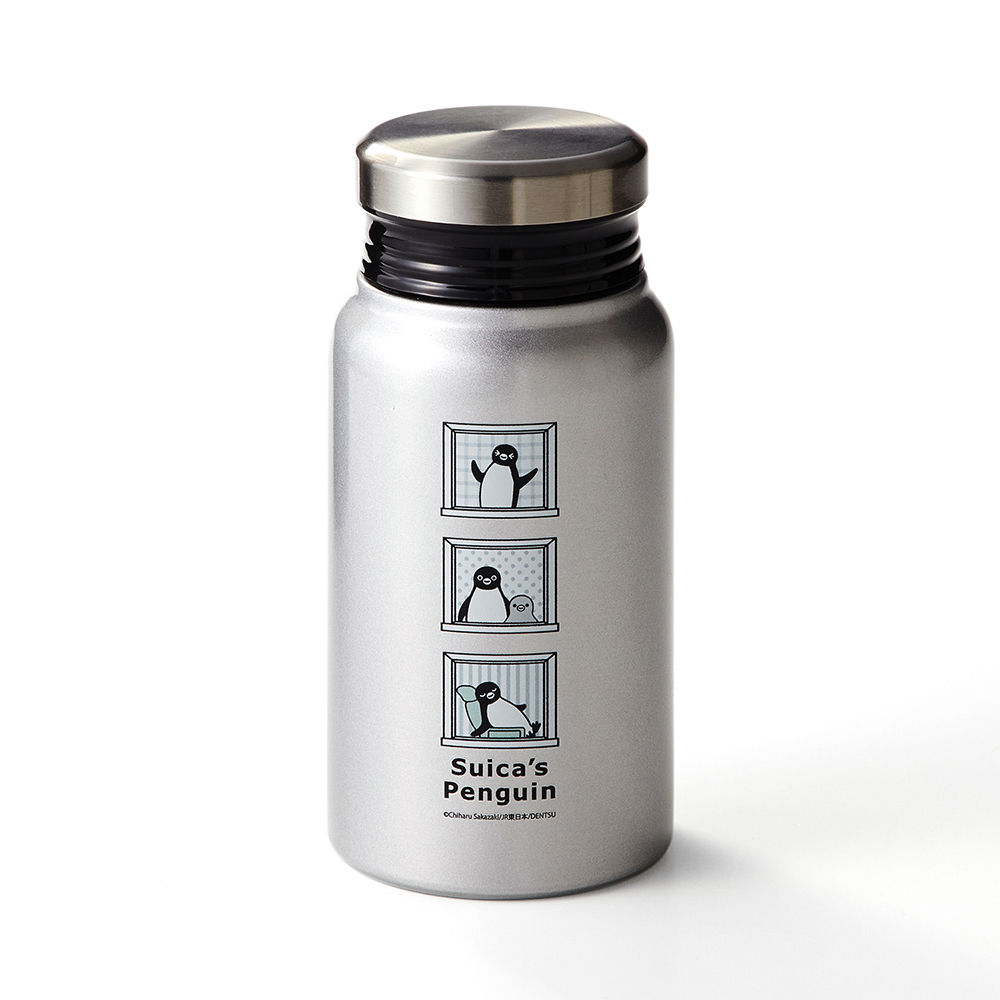 A stainless steel Suica's Penguin thermal tumbler showing three penguin window illustrations on a white background.