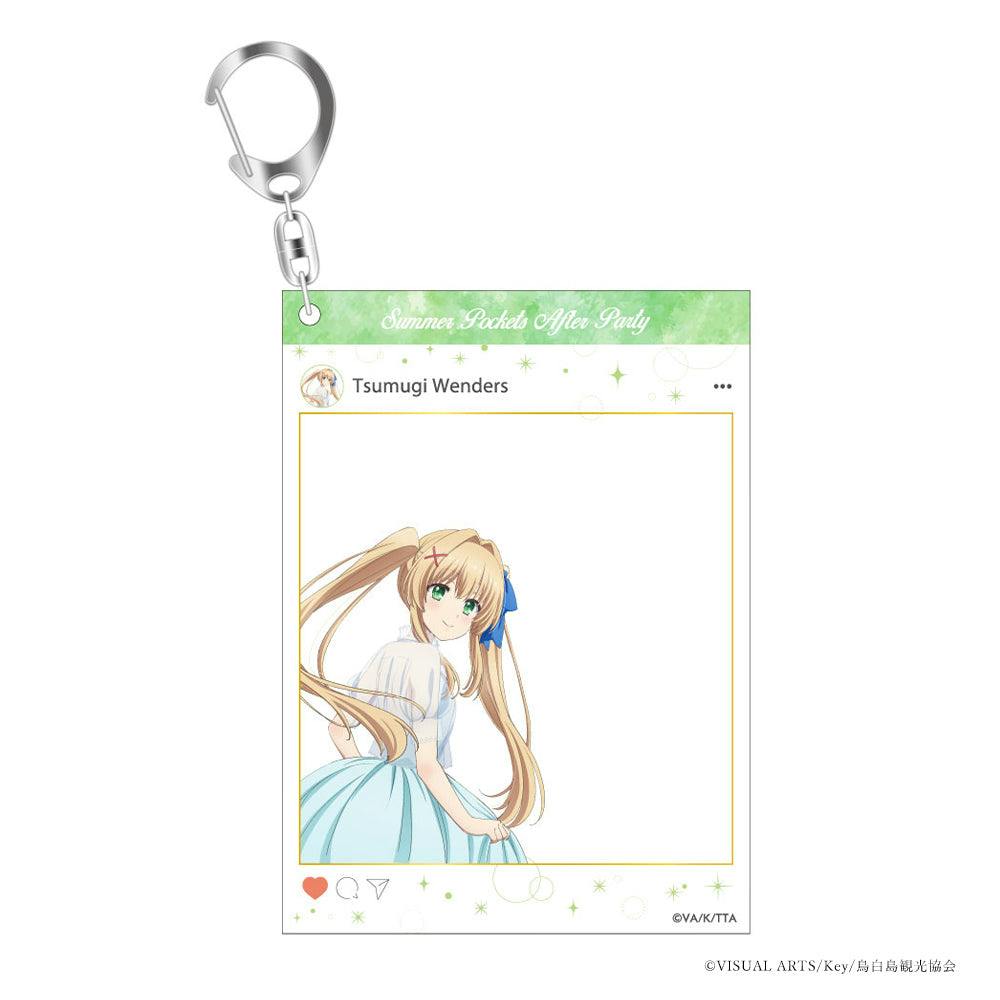 Rectangular SNS-style acrylic keychain from Summer Pockets showing an illustrated blonde girl with a metal clasp.