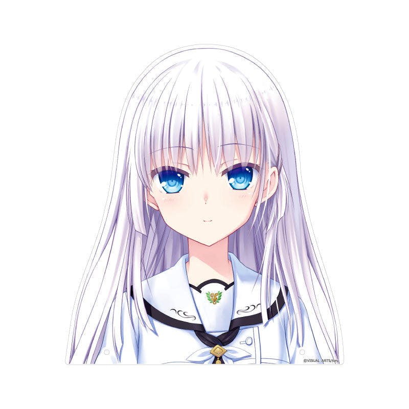 Upper-body acrylic panel of Naruse Shiroha from Summer Pockets RB showing her face and upper torso with long white hair and blue eyes.