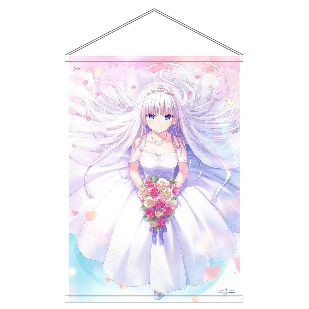 B1 tapestry showing an anime-style character in a white wedding dress holding a bouquet against a pastel background.