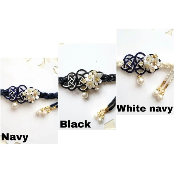 Three decorative hairbands (navy, black, white-navy) with floral mizuhiki knots and pearl drops visible.