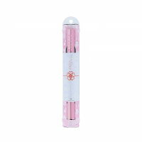 Clear plastic cylindrical case holding two pink pencils with a decorative paper band around the middle.