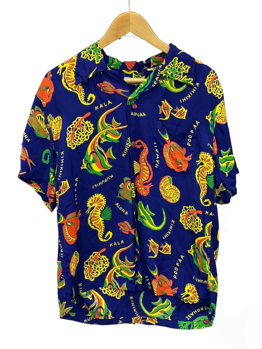 Blue rayon men's Aloha shirt with bright multicolored tropical fish and seahorse pattern hanging on a wooden hanger.